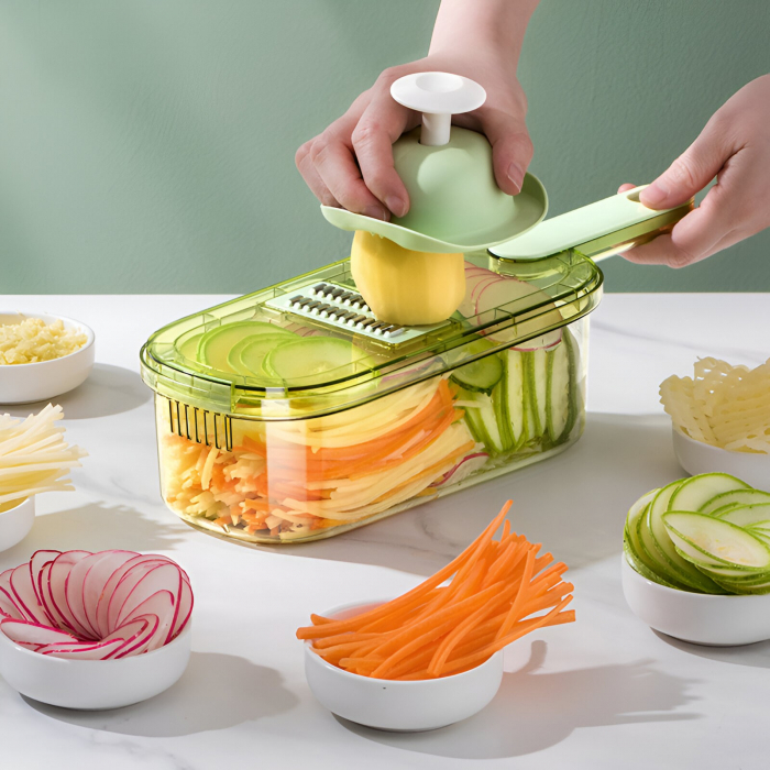 Feliator Multifunctional, Flippy, 3 in 1, pentru Fructe si Legume, 6 Piese, Maner, Lame de Inox, Recipient Stocare, Protectie Mana, ABS, 35x12x9.4 cm, Verde [10]
