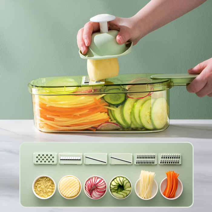 Feliator Multifunctional, Flippy, 6 in 1, pentru Fructe si Legume, 9 Piese, Maner, Lame de Inox, Recipient Stocare, Protectie Mana, ABS, 35x12x9.4 cm, Verde [11]