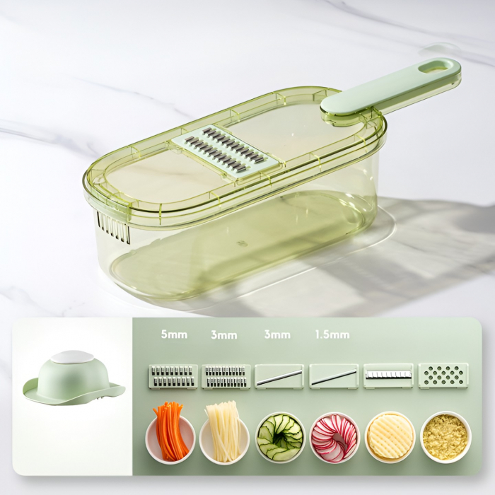 Feliator Multifunctional, Flippy, 6 in 1, pentru Fructe si Legume, 9 Piese, Maner, Lame de Inox, Recipient Stocare, Protectie Mana, ABS, 35x12x9.4 cm, Verde [8]