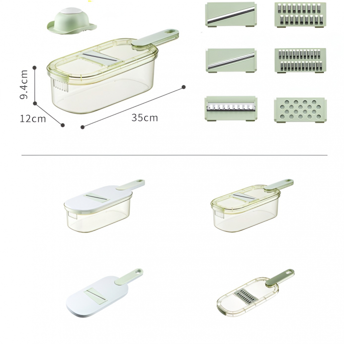 Feliator Multifunctional, Flippy, 6 in 1, pentru Fructe si Legume, 9 Piese, Maner, Lame de Inox, Recipient Stocare, Protectie Mana, ABS, 35x12x9.4 cm, Verde [3]