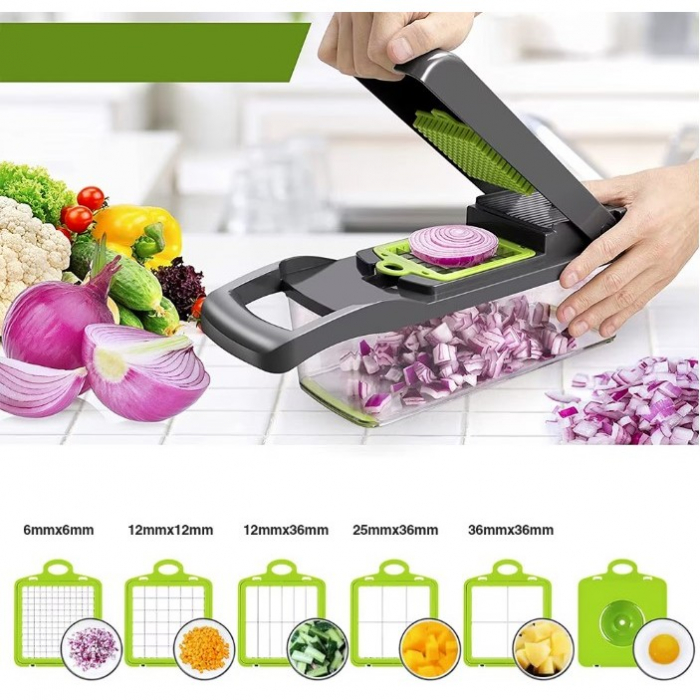 Feliator Multifunctional, Flippy, Razatoare, 8 in 1, pentru Fructe si Legume, 10 Piese, Lame de Inox, Recipient Stocare, Separator Oua, Protectie Mana, ABS, 32.2x11.3 cm, Verde/Gri [2]