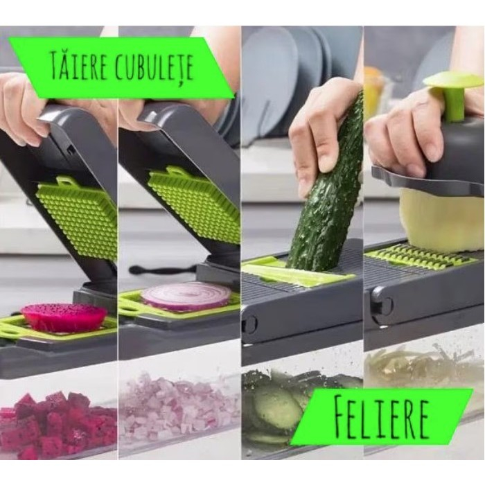 Feliator Multifunctional, Flippy, Razatoare, 8 in 1, pentru Fructe si Legume, 10 Piese, Lame de Inox, Recipient Stocare, Separator Oua, Protectie Mana, ABS, 32.2x11.3 cm, Verde/Gri [4]