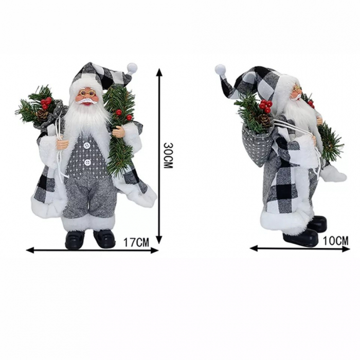Figurina Decorativa Craciun, Flippy, Mos Craciun cu Crenguta de Brad, 30 x 10 x 17 cm, Material Plastic+Textil, Interior/Exterior, Alb/Gri [2]