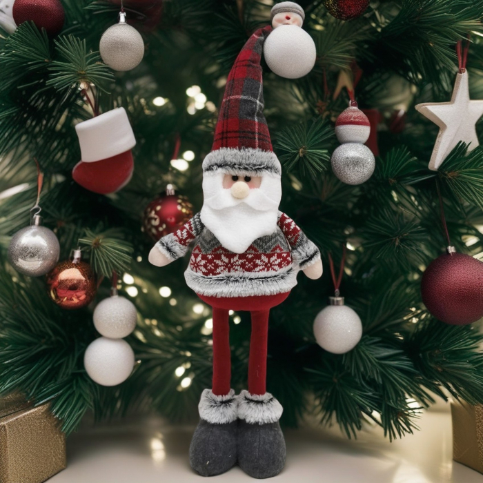 Figurina Decorativa, Pentru Craciun, Flippy, Mos Craciun, Picioare Telescopice, Inaltime Reglabila 44-54cm, Bluza cu Fulgi, Rosu/Gri [1]