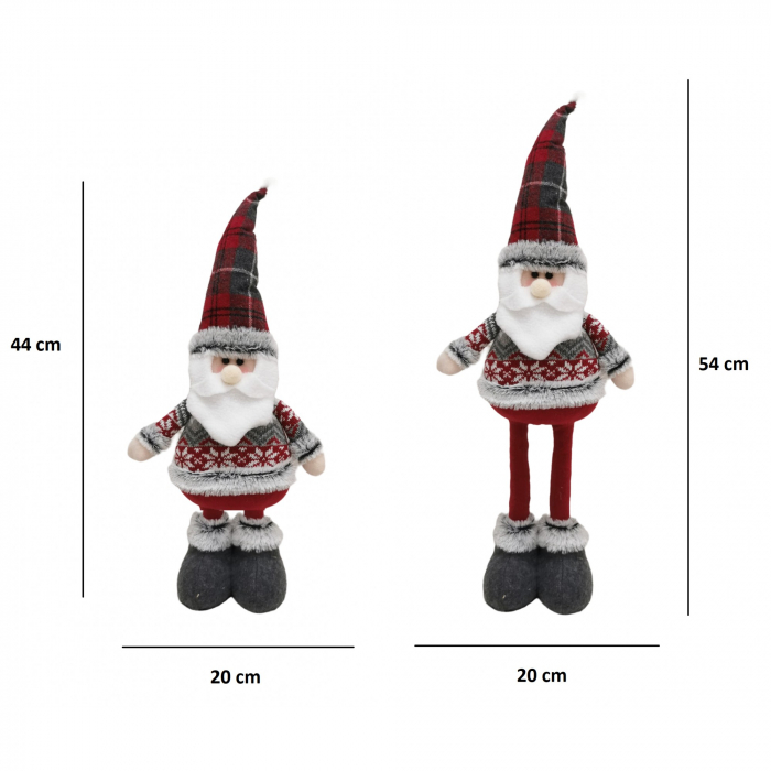 Figurina Decorativa, Pentru Craciun, Flippy, Mos Craciun, Picioare Telescopice, Inaltime Reglabila 44-54cm, Bluza cu Fulgi, Rosu/Gri [2]