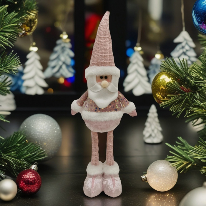 Figurina Decorativa, Pentru Craciun, Flippy, Mos Craciun, Picioare Telescopice, Inaltime Reglabila 44-54cm, Bluza cu Paiete, Roz [1]