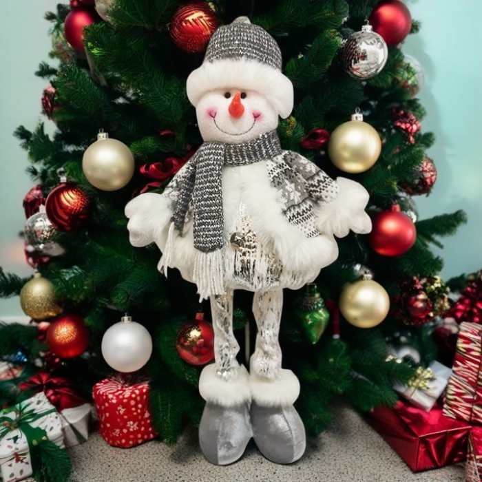 Figurina Decorativa, Pentru Craciun, Flippy, Om de Zapada, Picioare Telescopice, Inaltime Reglabila 33- 70 cm, Pantaloni Luciosi, Alb/Argintiu [1]