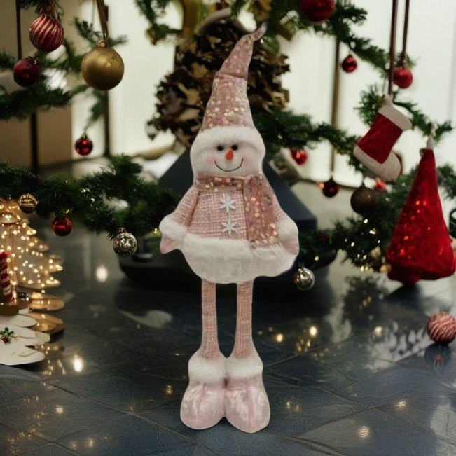 Figurina Decorativa, Pentru Craciun, Flippy, Om de Zapada, Picioare Telescopice, Inaltime Reglabila 44-54cm, Caciula cu Paiete, Roz [1]