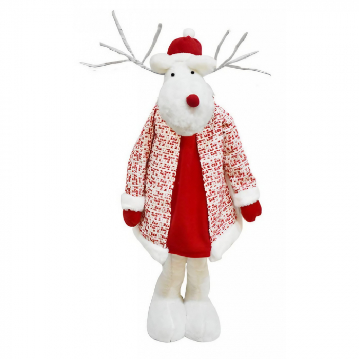 Figurina Decorativa, Pentru Craciun, Flippy, Ren, Picioare Telescopice, Inaltime Reglabila 42 - 80 cm, cu Haina, Alb/Rosu [10]