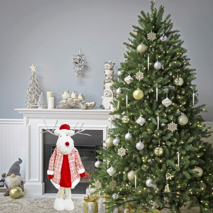 Figurina Decorativa, Pentru Craciun, Flippy, Ren, Picioare Telescopice, Inaltime Reglabila 42 - 80 cm, cu Haina, Alb/Rosu [9]