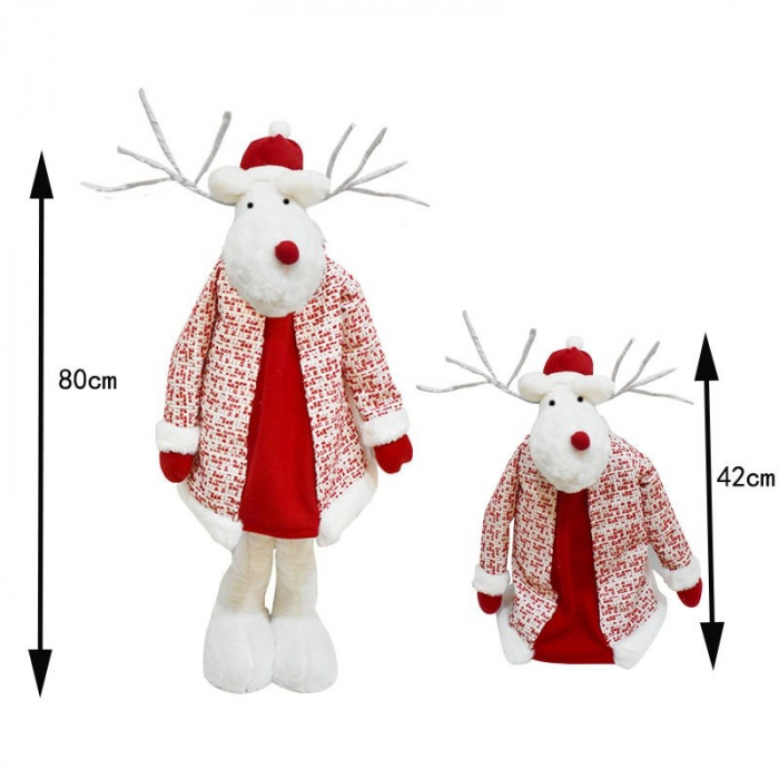 Figurina Decorativa, Pentru Craciun, Flippy, Ren, Picioare Telescopice, Inaltime Reglabila 42 - 80 cm, cu Haina, Alb/Rosu [7]