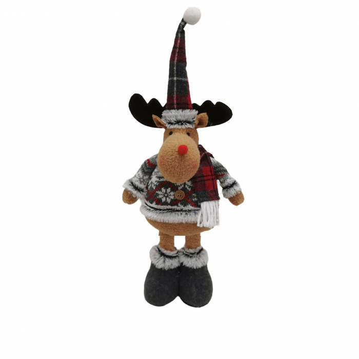 Figurina Decorativa, Pentru Craciun, Flippy, Ren, Picioare Telescopice, Inaltime Reglabila 44-54cm, Bluza cu Fulgi, Rosu/Gri [3]