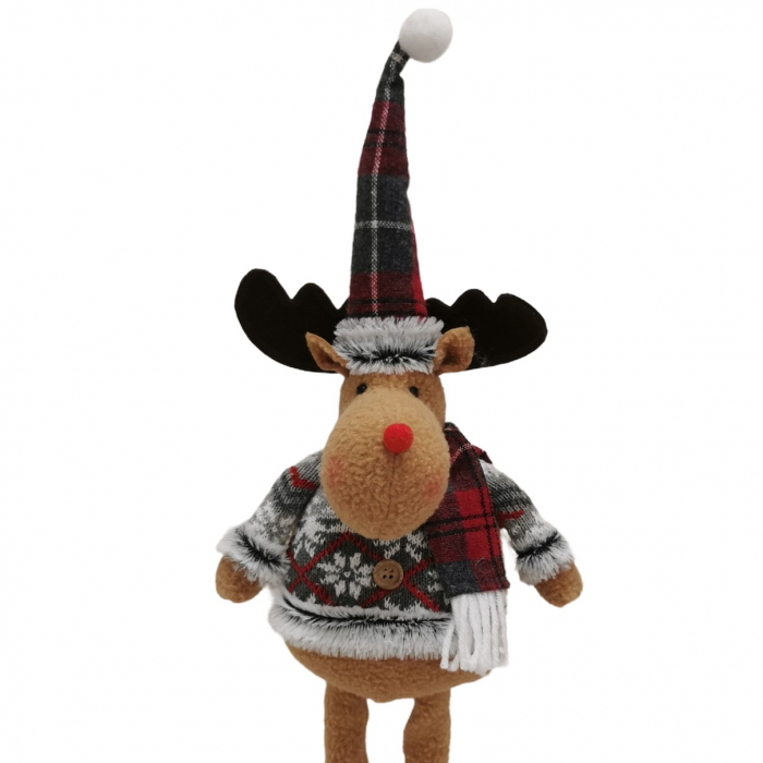 Figurina Decorativa, Pentru Craciun, Flippy, Ren, Picioare Telescopice, Inaltime Reglabila 44-54cm, Bluza cu Fulgi, Rosu/Gri [4]