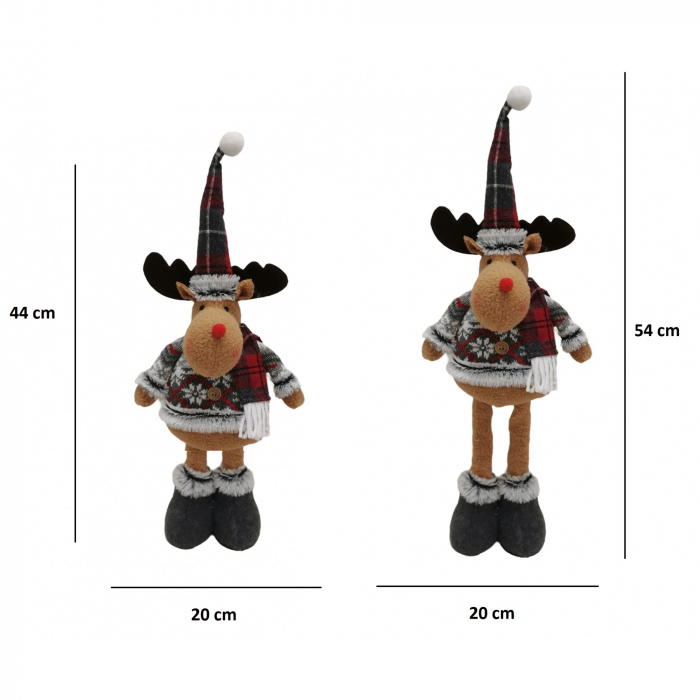 Figurina Decorativa, Pentru Craciun, Flippy, Ren, Picioare Telescopice, Inaltime Reglabila 44-54cm, Bluza cu Fulgi, Rosu/Gri [2]