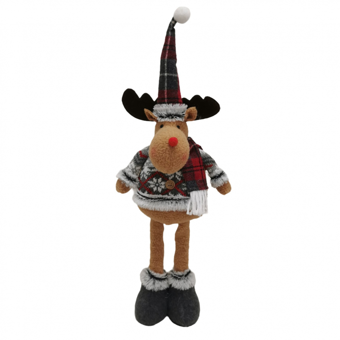 Figurina Decorativa, Pentru Craciun, Flippy, Ren, Picioare Telescopice, Inaltime Reglabila 44-54cm, Bluza cu Fulgi, Rosu/Gri [5]