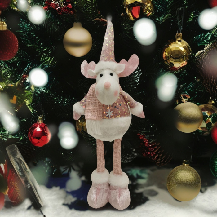 Figurina Decorativa, Pentru Craciun, Flippy, Ren, Picioare Telescopice, Inaltime Reglabila 44-54cm, Bluza cu Paiete, Roz [1]