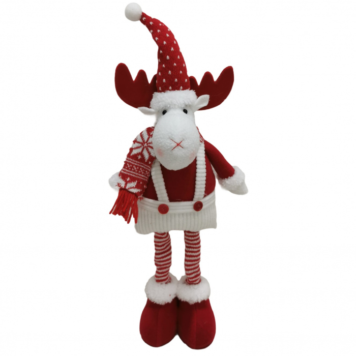 Figurina Decorativa, Pentru Craciun, Flippy, Ren, Picioare Telescopice, Inaltime Reglabila 44-54cm, Caciula cu Inimioare, Alb/Rosu [5]