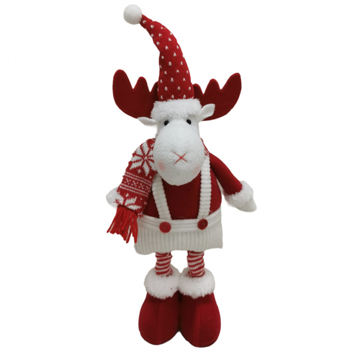 Figurina Decorativa, Pentru Craciun, Flippy, Ren, Picioare Telescopice, Inaltime Reglabila 44-54cm, Caciula cu Inimioare, Alb/Rosu [3]