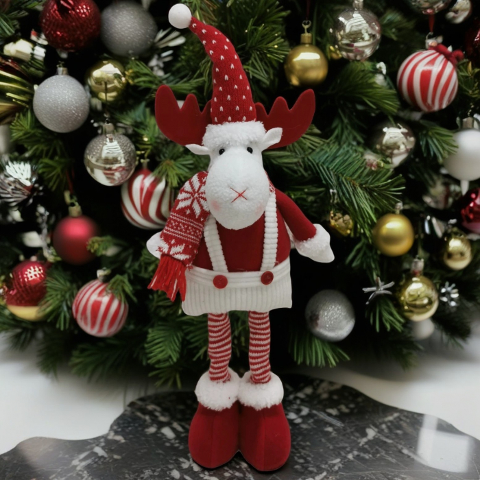 Figurina Decorativa, Pentru Craciun, Flippy, Ren, Picioare Telescopice, Inaltime Reglabila 44-54cm, Caciula cu Inimioare, Alb/Rosu [1]
