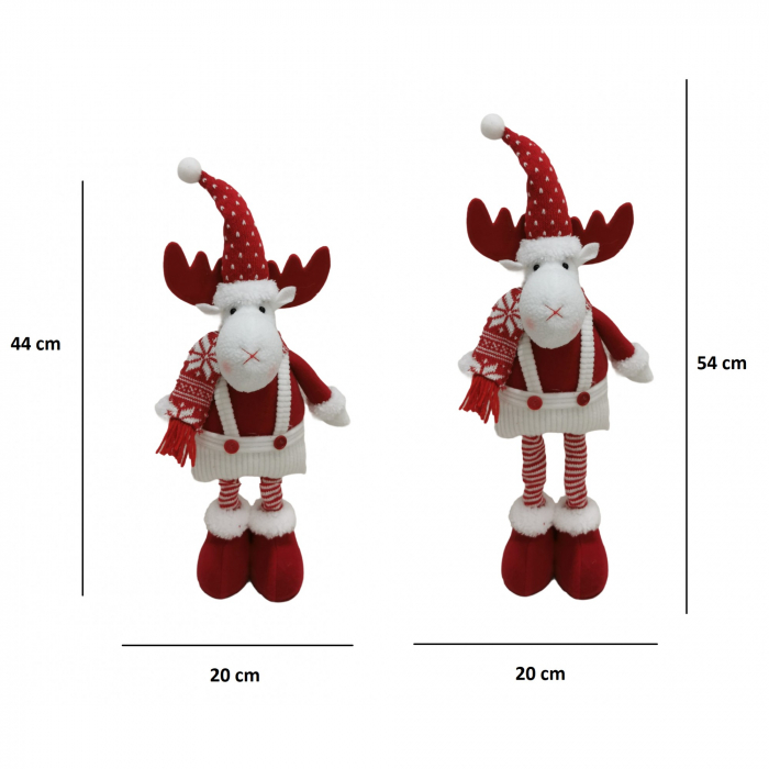 Figurina Decorativa, Pentru Craciun, Flippy, Ren, Picioare Telescopice, Inaltime Reglabila 44-54cm, Caciula cu Inimioare, Alb/Rosu [2]