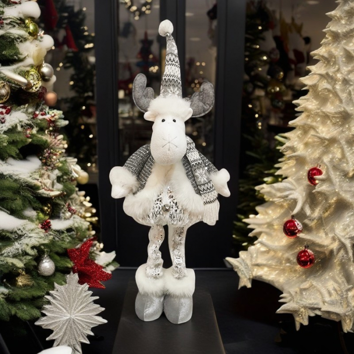 Figurina Decorativa, Pentru Craciun, Flippy, Ren, Picioare Telescopice, Inaltime Reglabila 52- 82 cm, Pantaloni Luciosi, Alb/Argintiu [1]