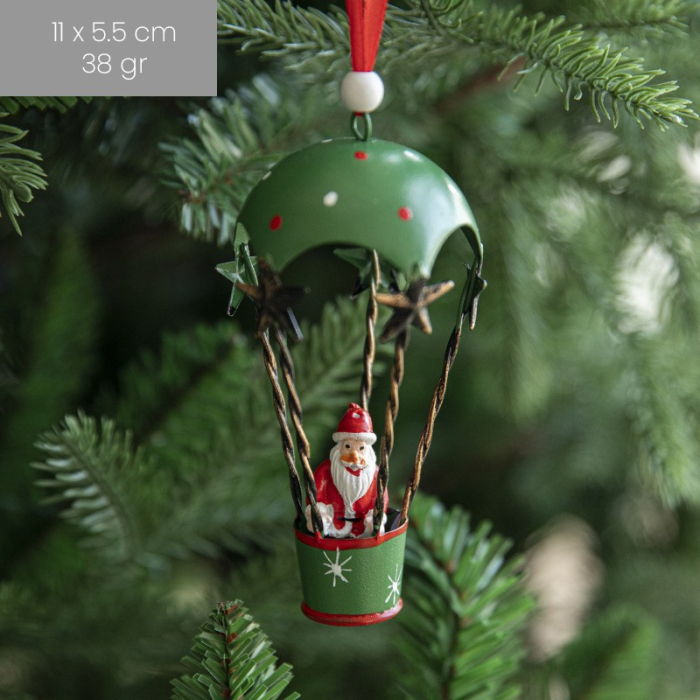 Figurina pentru Brad de Craciun, Flippy, Model Mos Craciun in Balon cu Aer Cald, Ornament pentru Brad, din Metal, 11 x 5.5 x 5.5 cm, Verde [2]