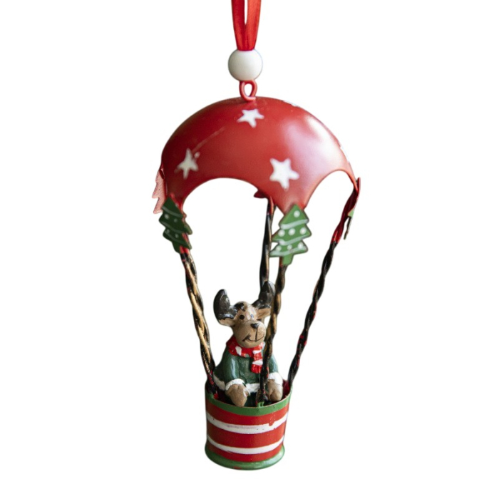 Figurina pentru Brad de Craciun, Flippy, Model Ren in Balon cu Aer Cald, Ornament pentru Brad, din Metal, 11 x 5.5 x 5.5 cm, Rosu inchis [6]