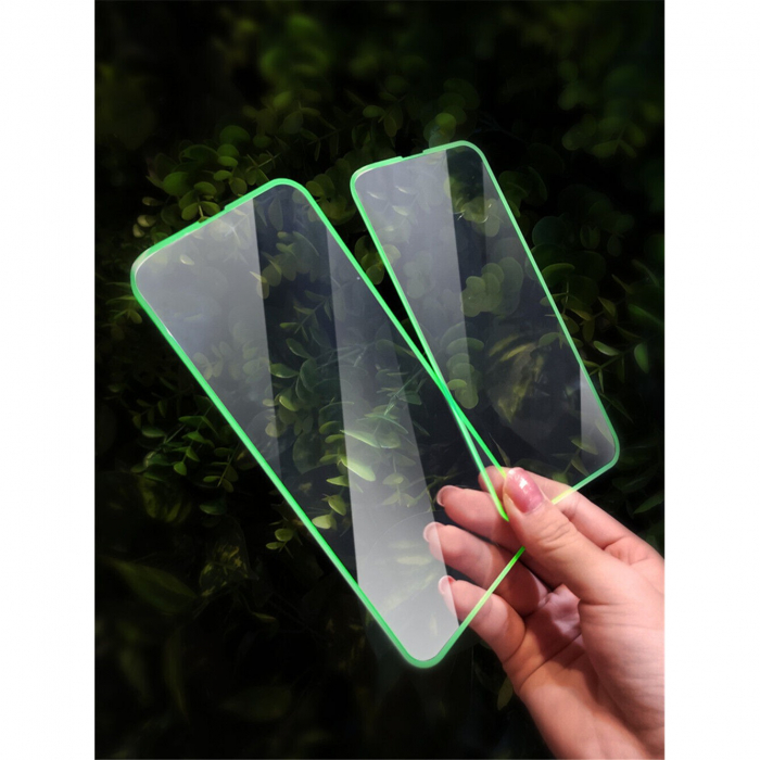 Folie de Sticla Securizata pentru Apple iPhone 15 Pro, Flippy, Luminous, Margine Fosforescenta Neon din Silicon, Mat, Anti-Amprenta, Protectie Completa, 9H, Verde [9]