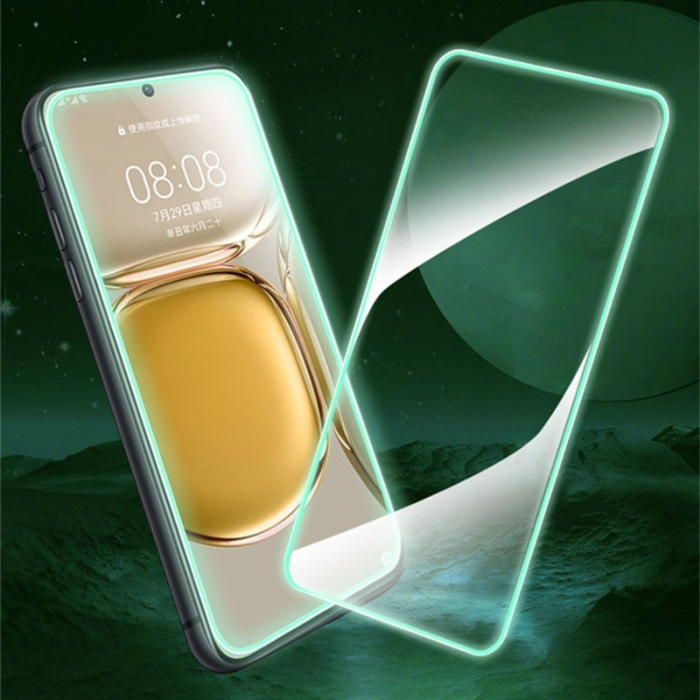 Folie de Sticla Securizata pentru Apple iPhone 15 Pro, Flippy, Luminous, Margine Fosforescenta Neon din Silicon, Mat, Anti-Amprenta, Protectie Completa, 9H, Verde [5]