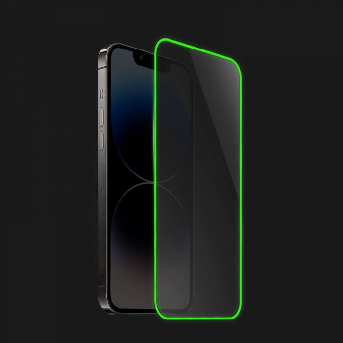 Folie de Sticla Securizata pentru Apple iPhone 15 Pro, Flippy, Luminous, Margine Fosforescenta Neon din Silicon, Mat, Anti-Amprenta, Protectie Completa, 9H, Verde [4]