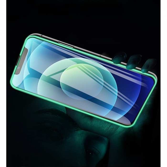 Folie de Sticla Securizata pentru Apple iPhone 15 Pro, Flippy, Luminous, Margine Fosforescenta Neon din Silicon, Mat, Anti-Amprenta, Protectie Completa, 9H, Verde [7]