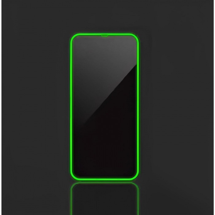 Folie de Sticla Securizata pentru Apple iPhone 15 Pro, Flippy, Luminous, Margine Fosforescenta Neon din Silicon, Mat, Anti-Amprenta, Protectie Completa, 9H, Verde [2]