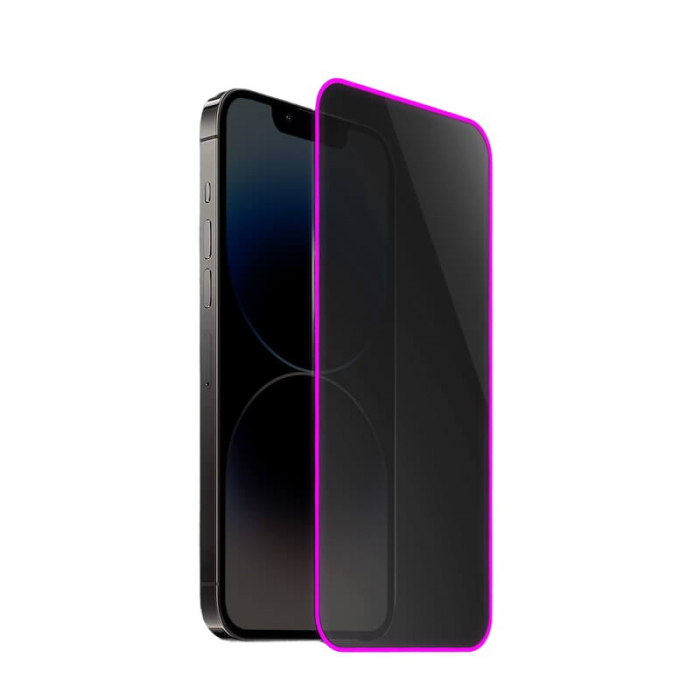 Folie de Sticla Securizata pentru Apple iPhone 15 Pro Max, Flippy, Luminous, Margine Fosforescenta Neon din Silicon, Mat, Anti-Amprenta, Protectie Completa, 9H, Violet [1]