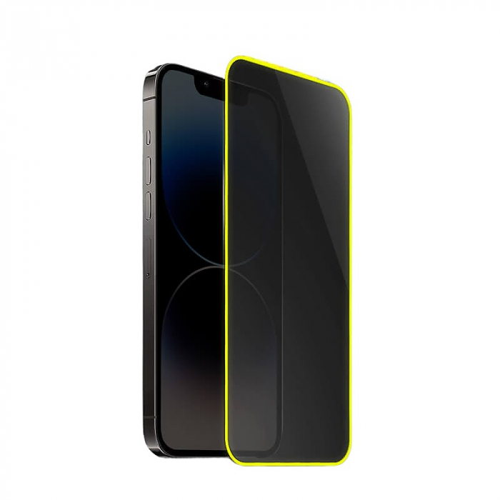 Folie de Sticla Securizata pentru Apple iPhone 15 Pro Max, Flippy, Luminous, Margine Fosforescenta Neon din Silicon, Mat, Anti-Amprenta, Protectie Completa, 9H, Galben [1]
