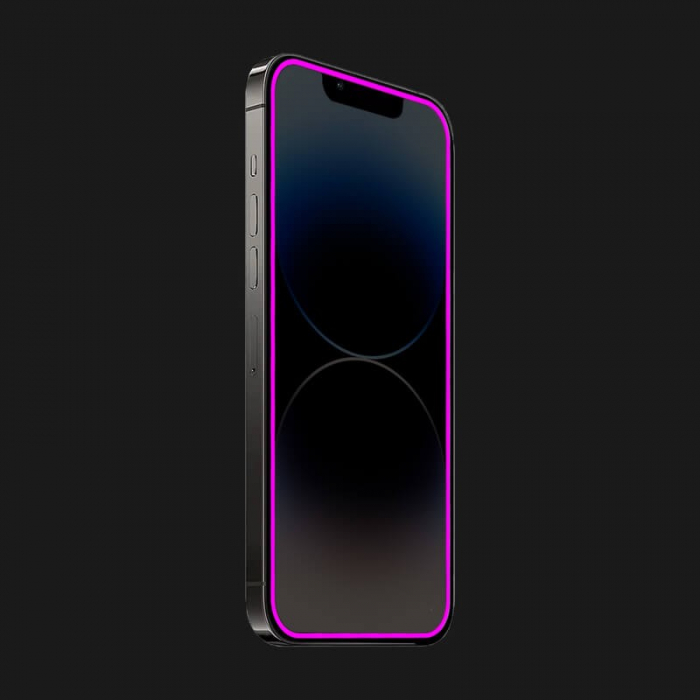 Folie de Sticla Securizata pentru Apple iPhone 15 Pro Max, Flippy, Luminous, Margine Fosforescenta Neon din Silicon, Mat, Anti-Amprenta, Protectie Completa, 9H, Violet [2]