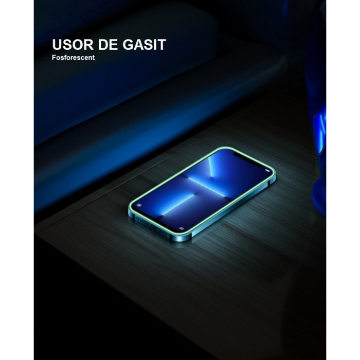 Folie de Sticla Securizata pentru Apple iPhone 15 Pro Max, Flippy, Luminous, Margine Fosforescenta Neon din Silicon, Mat, Anti-Amprenta, Protectie Completa, 9H, Albastru [7]