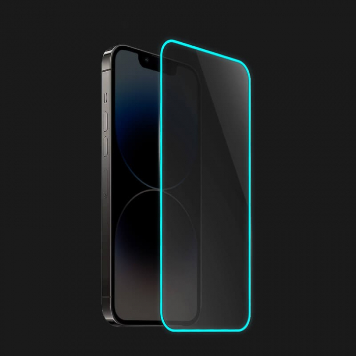 Folie de Sticla Securizata pentru Apple iPhone 15 Pro Max, Flippy, Luminous, Margine Fosforescenta Neon din Silicon, Mat, Anti-Amprenta, Protectie Completa, 9H, Albastru [4]