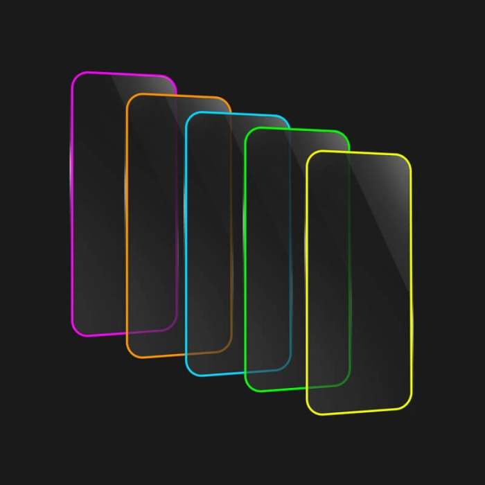Folie de Sticla Securizata pentru Apple iPhone 15 Pro Max, Flippy, Luminous, Margine Fosforescenta Neon din Silicon, Mat, Anti-Amprenta, Protectie Completa, 9H, Roz [7]