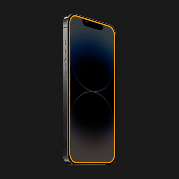 Folie de Sticla Securizata pentru Apple iPhone 15 Pro Max, Flippy, Luminous, Margine Fosforescenta Neon din Silicon, Mat, Anti-Amprenta, Protectie Completa, 9H, Portocaliu [2]