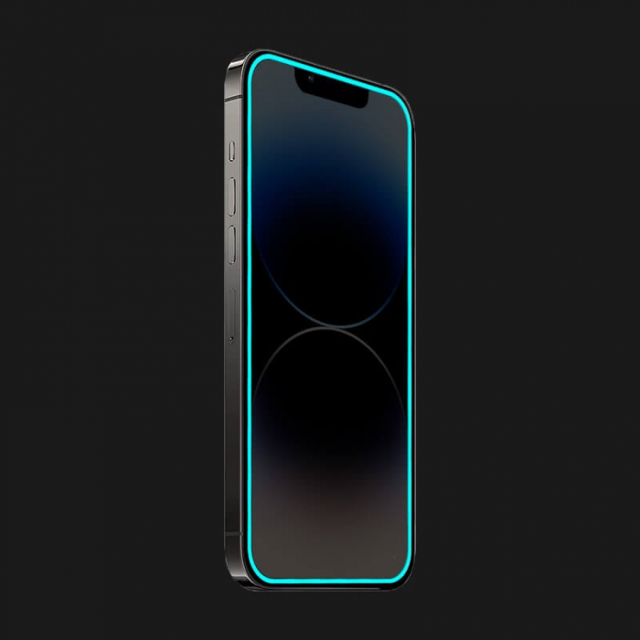 Folie de Sticla Securizata pentru Apple iPhone 15 Pro Max, Flippy, Luminous, Margine Fosforescenta Neon din Silicon, Mat, Anti-Amprenta, Protectie Completa, 9H, Albastru [3]