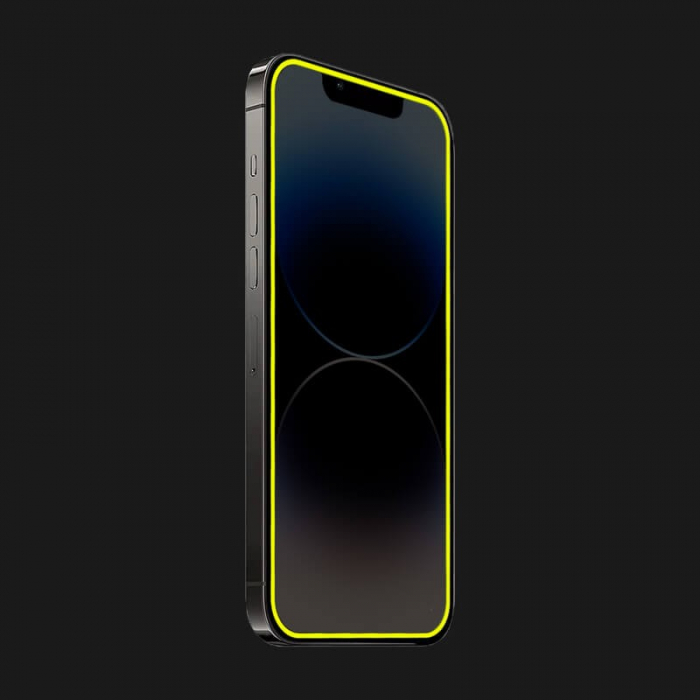 Folie de Sticla Securizata pentru Apple iPhone 15 Pro Max, Flippy, Luminous, Margine Fosforescenta Neon din Silicon, Mat, Anti-Amprenta, Protectie Completa, 9H, Galben [3]