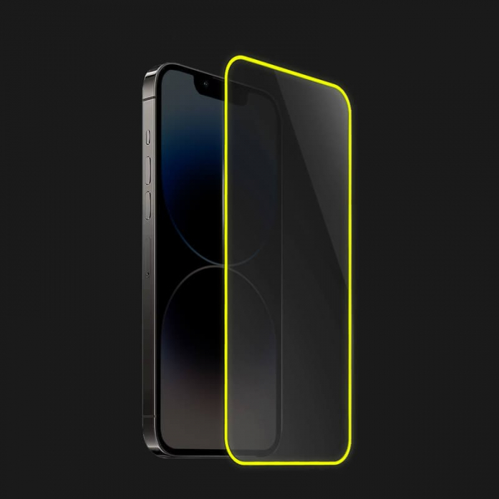 Folie de Sticla Securizata pentru Apple iPhone 15 Pro Max, Flippy, Luminous, Margine Fosforescenta Neon din Silicon, Mat, Anti-Amprenta, Protectie Completa, 9H, Galben [4]