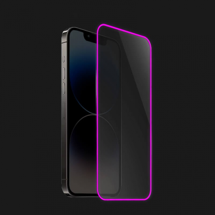 Folie de Sticla Securizata pentru Apple iPhone 15 Pro Max, Flippy, Luminous, Margine Fosforescenta Neon din Silicon, Mat, Anti-Amprenta, Protectie Completa, 9H, Violet [3]