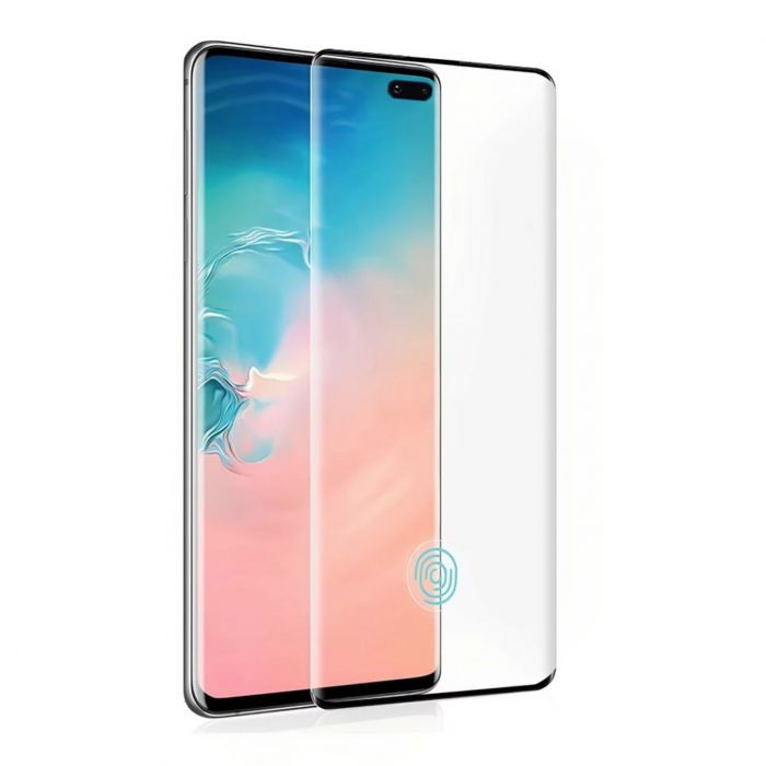 Folie Sticla Securizata Curbata Flippy pentru Samsung S10 Plus cu recunoastere a amprentelor digitale, 9H, lipici margine, contur negru [1]