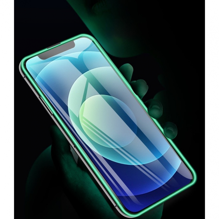 Folie Sticla Securizata Flippy, Luminous, compatibila cu Apple iPhone 12, Margine fosforescenta verde [4]