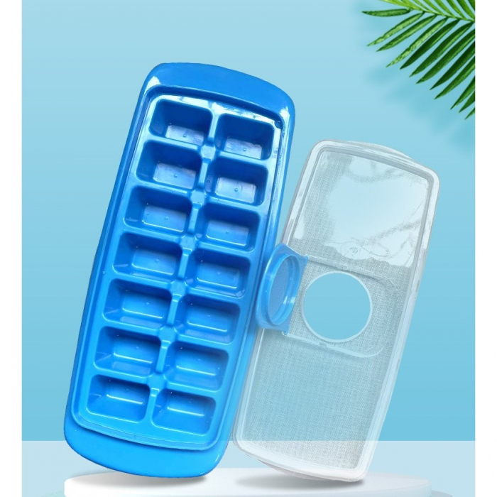 Forma pentru cuburi de gheata Flippy, 14 cuburi, reutilizabil, plastic alimentar, cu capac, orificiu umplere, dreptunghiulara, 29.5 x 12.5 x4 cm, albastru [3]
