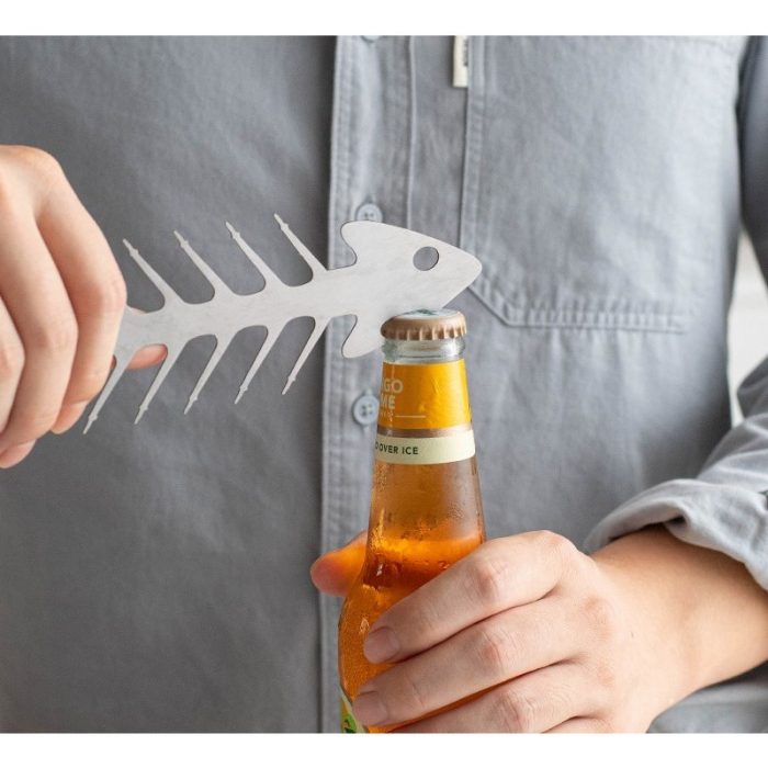 Forma pentru Frigarui, Flippy, Model Oase de Peste, din Otel Inoxidabil, Instrument pentru Gratar, BBQ, cu Deschizator de Sticle, 30x6 cm, Argintie [2]