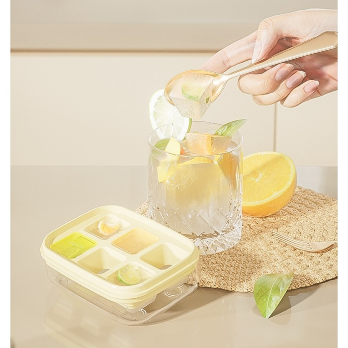 Forma pentru gheata cu presa Flippy, din silicon alimentar, 6 cuburi, caserola pentru depozitare, usor de folosit si curatat, 10.5 x 7.5 x 4.1 cm, galben [5]