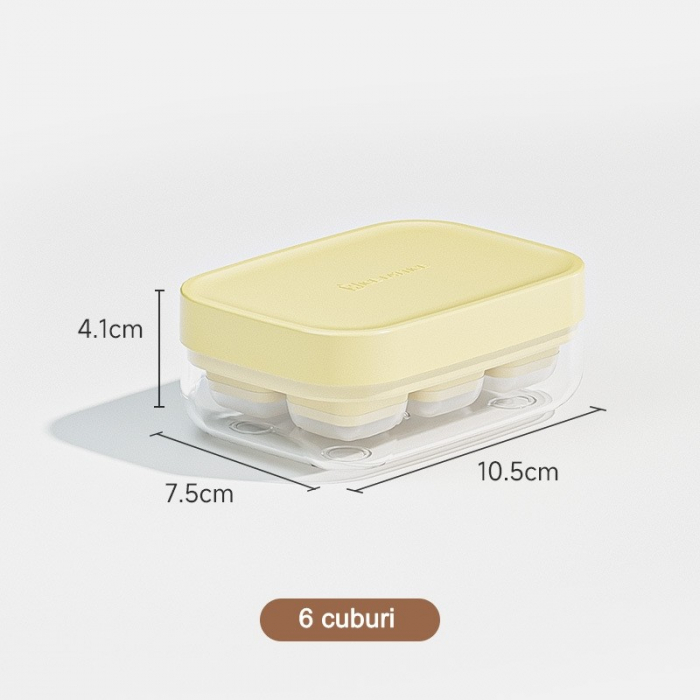 Forma pentru gheata cu presa Flippy, din silicon alimentar, 6 cuburi, caserola pentru depozitare, usor de folosit si curatat, 10.5 x 7.5 x 4.1 cm, galben [6]