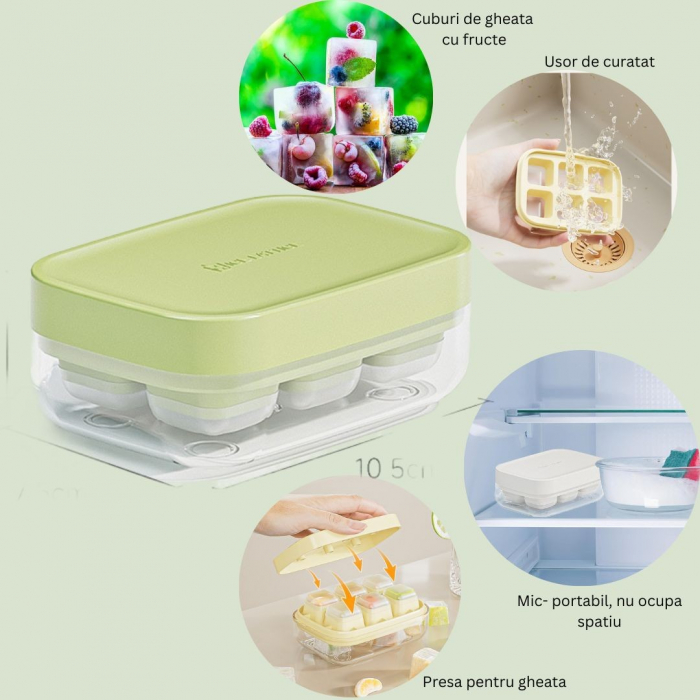 Forma pentru gheata cu presa Flippy, din silicon alimentar, 6 cuburi, caserola pentru depozitare, usor de folosit si curatat, 10.5 x 7.5 x 4.1 cm, verde [3]